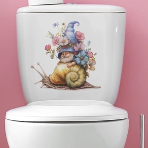 Garden gnome sleeping on a snail with flowers, decorative bathroom toilet lid sticker