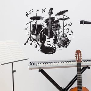 Music Theme Wall Sticker Rock Band Electric Guitar Drum Set Vinyl Decal For Music Studio Living Room Bedroom Decoration