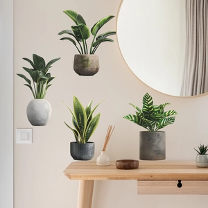 Tropical green plant wall stickers featuring faux Bird of Paradise and potted snake plants