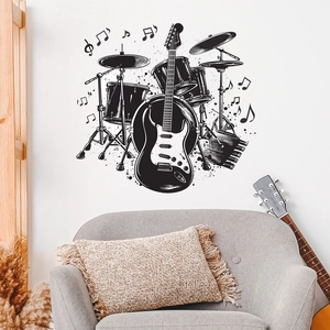 Musical theme wall sticker featuring a black electric guitar and drum kit with music notes