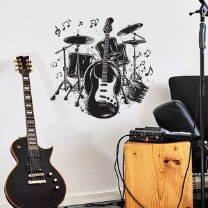 Musical wall decal featuring drum kit and electric guitar for creative studio decor