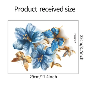 Détail du sticker mural avec fleur bleue en relief 3D et papillon doré avec dimensions