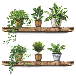 Self-adhesive wall sticker featuring six lush green potted plants on two wooden shelves