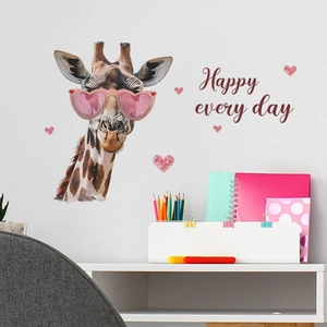 Detailed view of giraffe wall sticker with pink heart sunglasses and happy slogan
