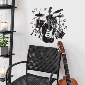 Music wall decal with guitar and drums displayed in a modern home living room decor