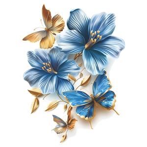 Stickers muraux fleurs bleues avec papillons dorés élégants et texture en relief 3D