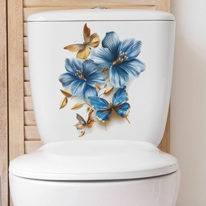 Sticker de Toilette 3D Fleur Bleue Papillon Imperméable PVC Décalcomanie Murale Salle de Bain Pour Couvercle de Toilette