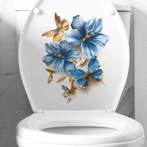 Autocollants 3D en relief avec fleurs bleues et papillons pour couvercle de toilette