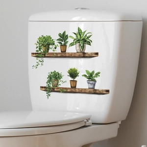 Macro detail of lifelike green plant pots on wooden shelves self-adhesive toilet sticker