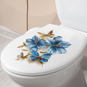 Sticker WC fleurs d'hibiscus bleues et papillons avec effet de relief 3D imperméable