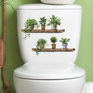 Realistic green plant and wooden shelf wall stickers for bathroom and toilet decoration