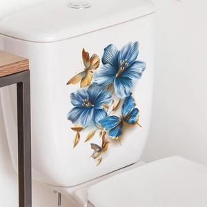 Stickers muraux 3D fleurs bleues et papillons dorés pour décoration de salle de bain