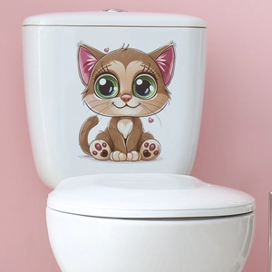 Cartoon kitten toilet sticker with big green eyes and pink hearts on white tank