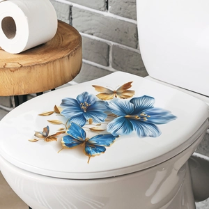 Détail d'autocollant WC 3D luxe avec fleurs bleues et papillons dorés élégants