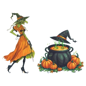 Stickers Halloween avec sorcière en robe orange et chaudron magique pour décoration murale
