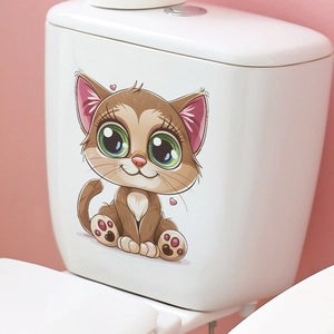 Cute cartoon cat toilet sticker for bathroom decor with green eyes and heart details