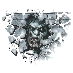 3D Halloween wall sticker featuring a scary zombie breaking through a grey brick wall