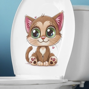Cartoon brown cat toilet lid sticker with green eyes for bathroom wall decoration