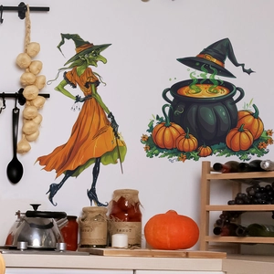Stickers muraux sorcière d'Halloween et chaudron magique pour décoration de salon