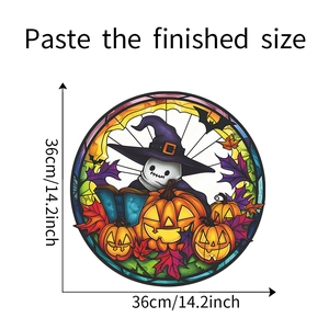 Detailed view of a 36cm Halloween ghost and pumpkin window sticker with stained glass style