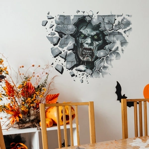 3D Halloween zombie breaking through white brick wall sticker for living room decor