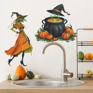 Sticker mural Halloween avec sorcière et chaudron de potion sur un évier de cuisine