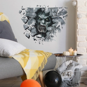 3D Halloween wall decal featuring a scary zombie head bursting through a grey brick wall