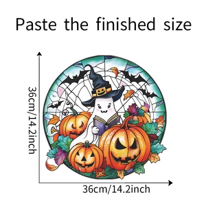 Detail view of a 14.2-inch circular Halloween window sticker with ghost and pumpkin motifs