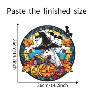 Detailed view of Halloween ghost sticker with stained glass style and size dimensions