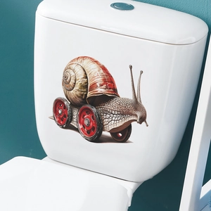 Funny 4WD snail wall sticker applied on white toilet tank with blue wall background