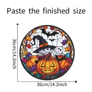Detailed view of Halloween window sticker with pumpkins and ghosts, diameter 36cm size guide