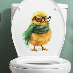 Sticker mural poussin avec lunettes et écharpe verte pour décor de couvercle de WC