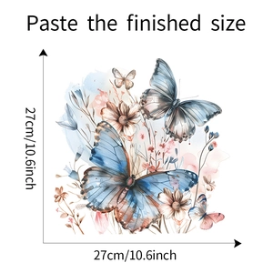 Detailed size chart showing 27x27cm finished dimensions for butterfly floral wall decal