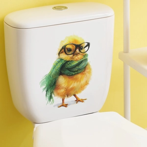 Sticker Toilettes Poussin Dessin Animé Avec Lunettes Écharpe PVC Imperméable Autocollant Mural Créatif Décoration Salle Bain