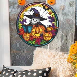 Halloween window sticker featuring a cute ghost reading a book with pumpkins and autumn leaves