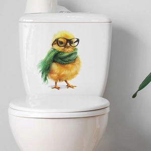 Sticker créatif poussin jaune avec lunettes et écharpe verte pour décor de toilette