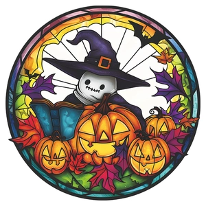 Stained glass style Halloween window cling featuring a ghost, pumpkins, and bats