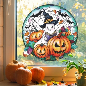 Close-up of a stained-glass style Halloween window sticker with a ghost and pumpkins