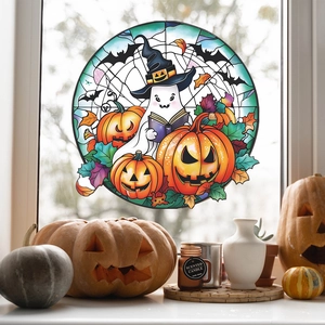 Halloween window sticker with cute ghost and pumpkins in stained glass style decor
