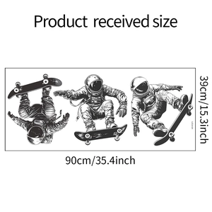 Detail view of astronaut skateboarder wall stickers showing product dimensions 90x39cm