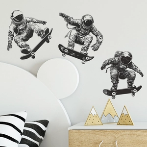 Astronaut on skateboard wall decals for kids bedroom with black and white sketch style