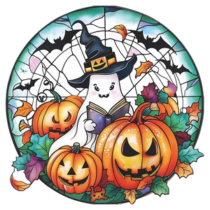 Detail of Halloween window cling featuring a cute ghost reading with pumpkins and bats