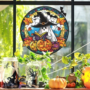Round Halloween window cling with ghost, pumpkin, and bat in stained glass art style
