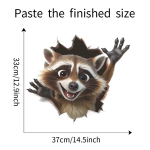 Détail du sticker mural raton laveur 3D avec dimensions indiquées en pouces et cm