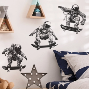 Detail of artistic astronaut skateboard wall decals in black and white hand-drawn style