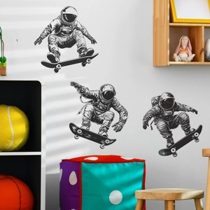 Astronaut on skateboard wall stickers for kids bedroom decor featuring sketch line art