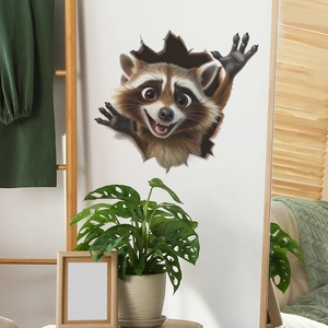 Sticker mural 3D petit raton laveur créant un effet trompe-l'œil de mur brisé