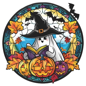 Detail of stained glass style Halloween window sticker with pumpkin and ghost motifs