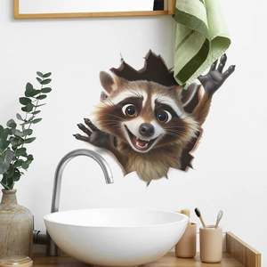 Sticker mural 3D effet trou dans le mur avec raton laveur pour décor de chambre