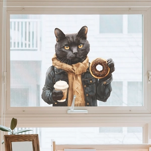 Funny black cat window sticker with coffee and donut for office and home decor